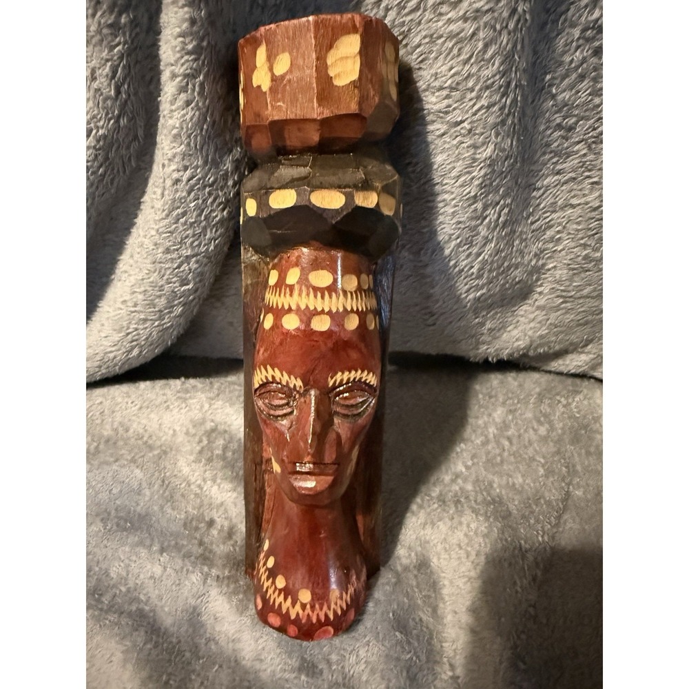 Hand Carved Solid Wood Stature Sculpture African/Jamaican Tribal Head Tiki Totem